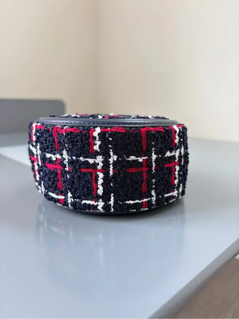 CHANEL Black Tweed Round Shoulder Bag with Red & White Accents